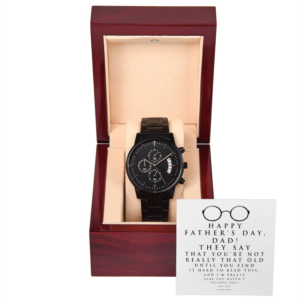 Fathers Day Gift For Dad - Mens Black Wrist Watch with Mahogany Box and Message Card - Hard To Read