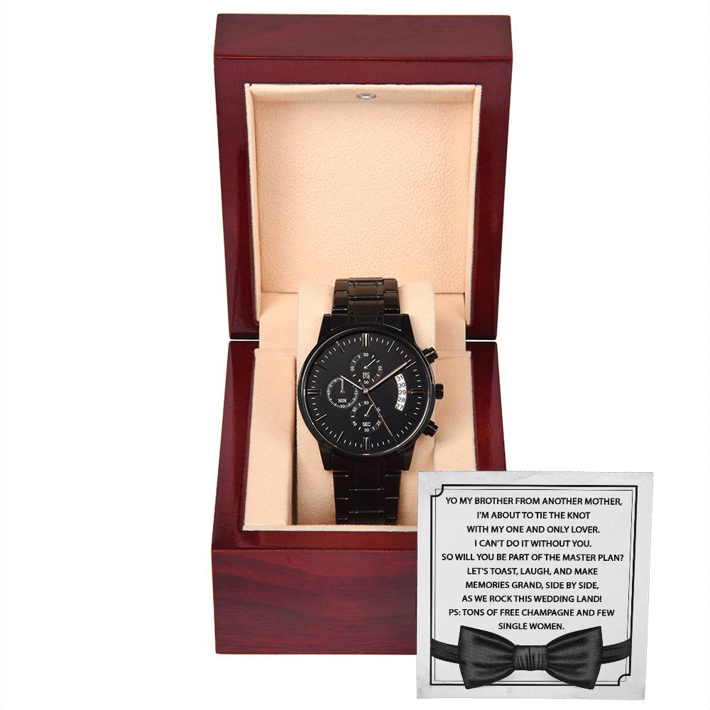 Groomsman Proposal Gift - Black Chronograph Watch with Message Card - Please Be My Groomsman