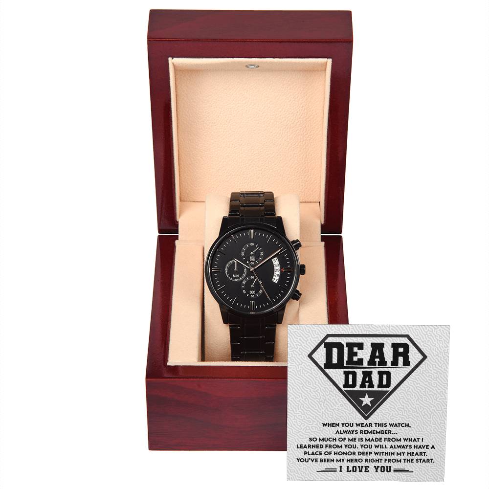 Dad Watch Gift - My Hero - Black Chronograph Watch with Mahogany Box