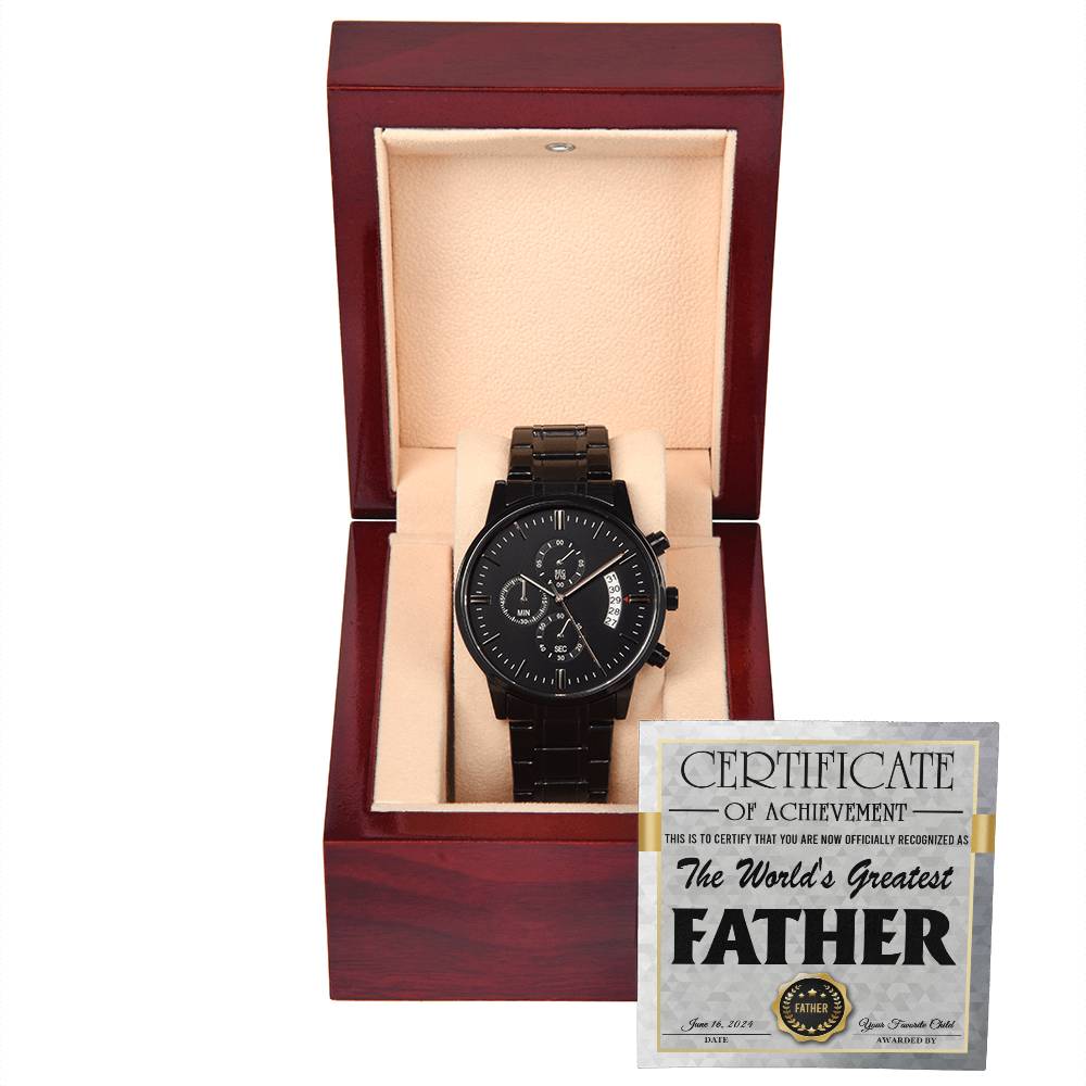 Gift For Dad - Mens Black Wrist Watch with Mahogany Box and Message Card - Worlds Greatest Father Certificate