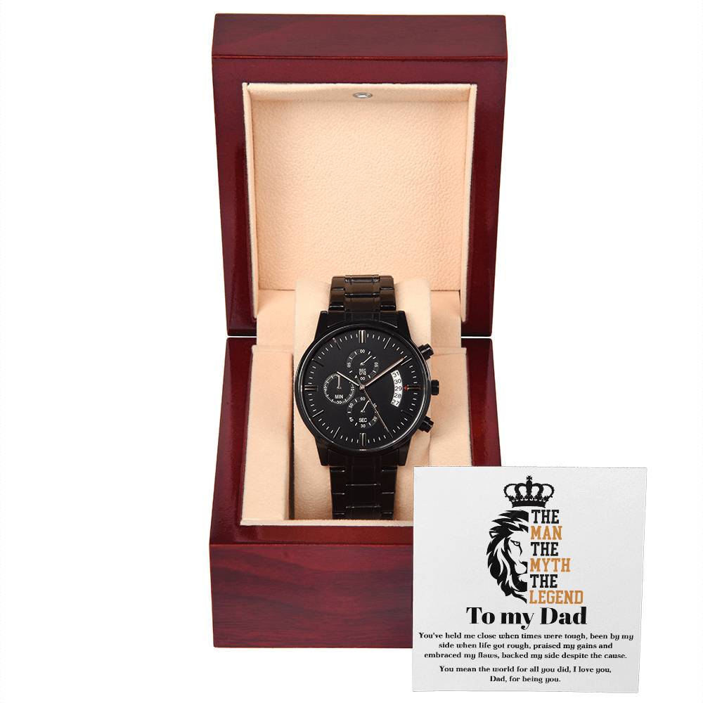 Gift For Dad - Mens Black Wrist Watch with Mahogany Box and Message Card - The Legend