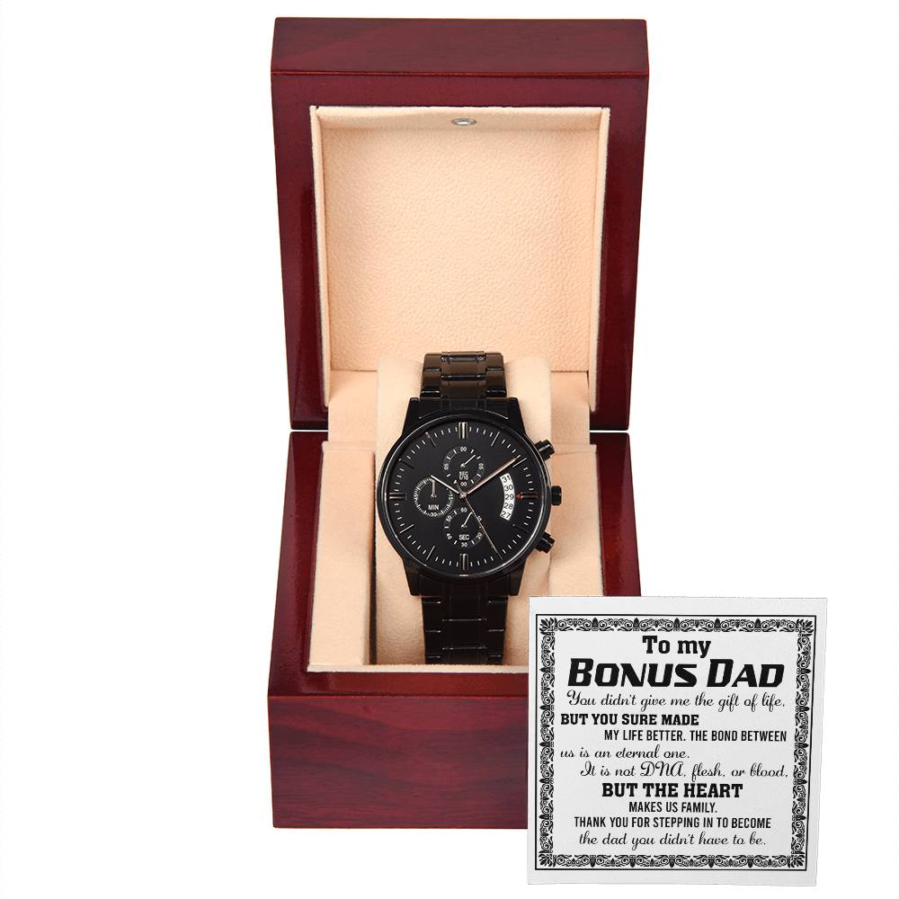 Bonus Dad Watch Gift - Gift Of Life - Black Chronograph Watch with Mahogany Box