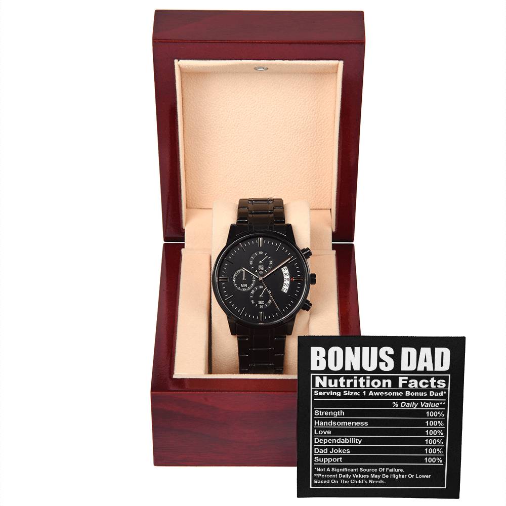 Bonus Dad Gift - Mens Black Wrist Watch with Mahogany Box and Message Card -Nutrition Facts