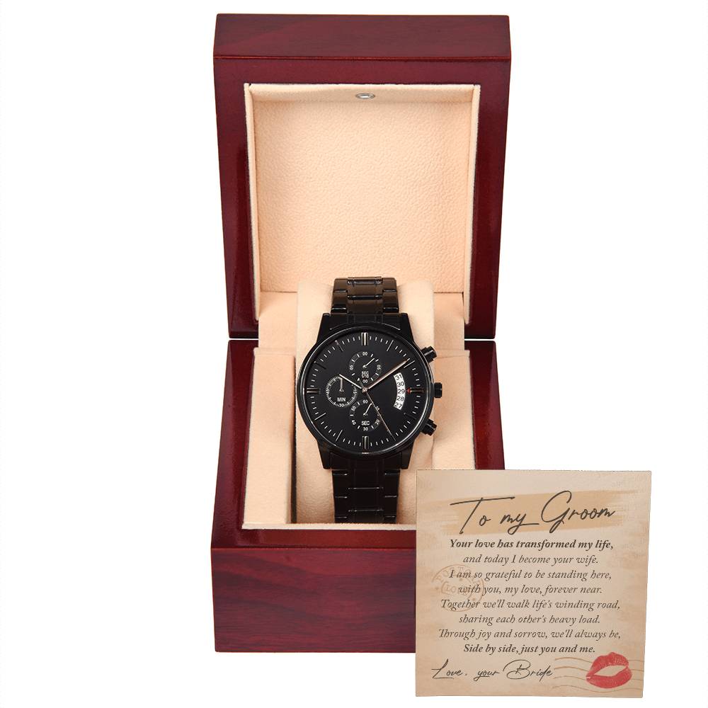 To My Groom Gift - Mens Black Wrist Watch with Mahogany Box and Message Card - You and Me