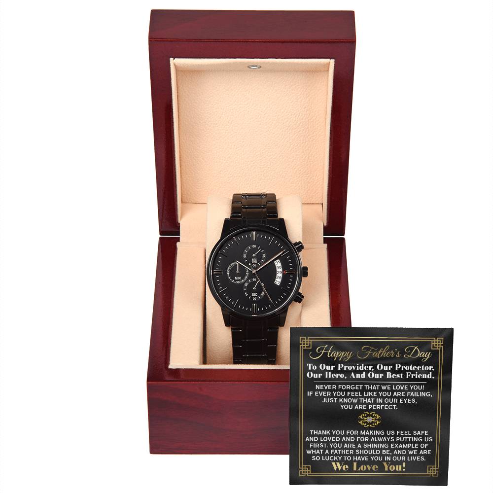 Fathers Day Gift - Mens Black Wrist Watch with Mahogany Box and Message Card - On Protector