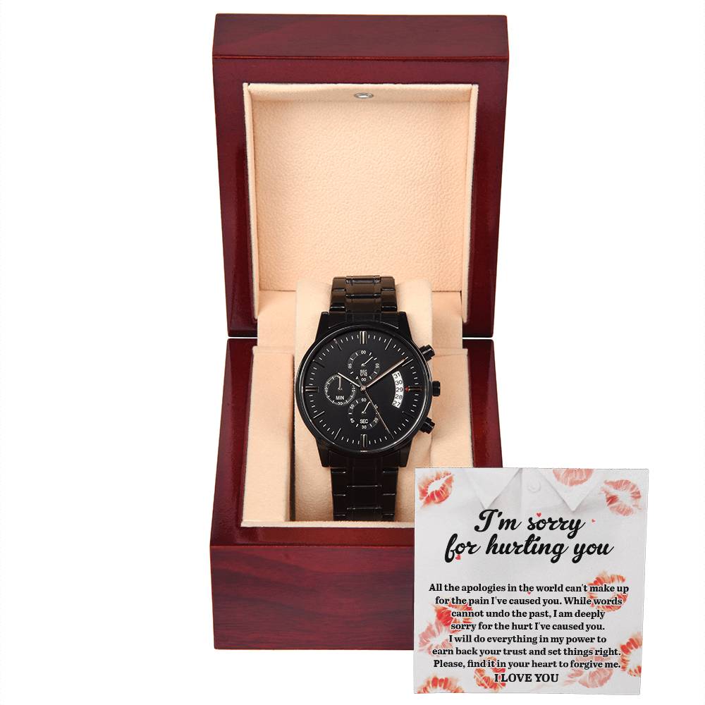 Apology Gift For Him - I Want To Set Things Right - Black Wrist Watch with Mahogany Box and Message Card