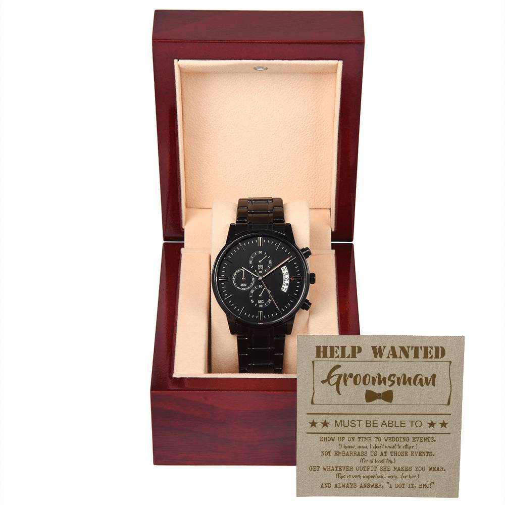 Groomsman Gift - Mens Black Wrist Watch with Mahogany Box and Message Card - Help Wanted