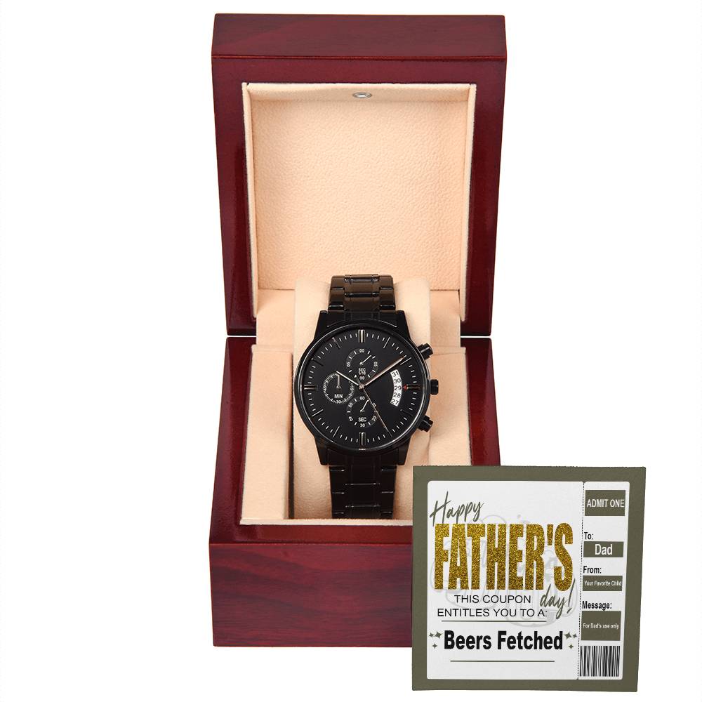 Fathers Day Gift For Dad - Mens Black Wrist Watch with Mahogany Box and Message Card -Beers Fetched