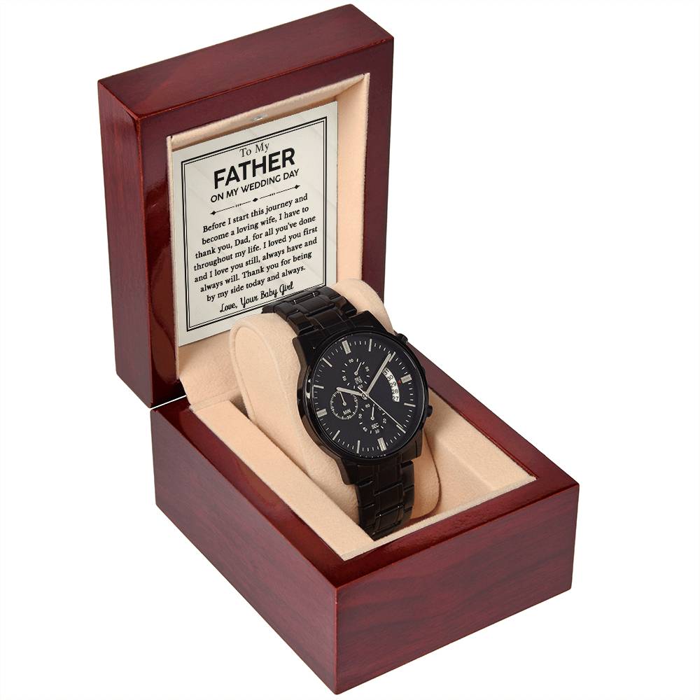 To My Father From Daughter on My Wedding Day Gift - Black Chronograph Watch with Message Card - Love Your Baby Girl