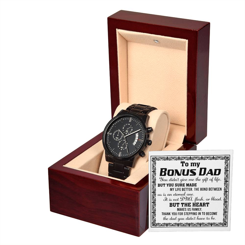 Bonus Dad Watch Gift - Gift Of Life - Black Chronograph Watch with Mahogany Box