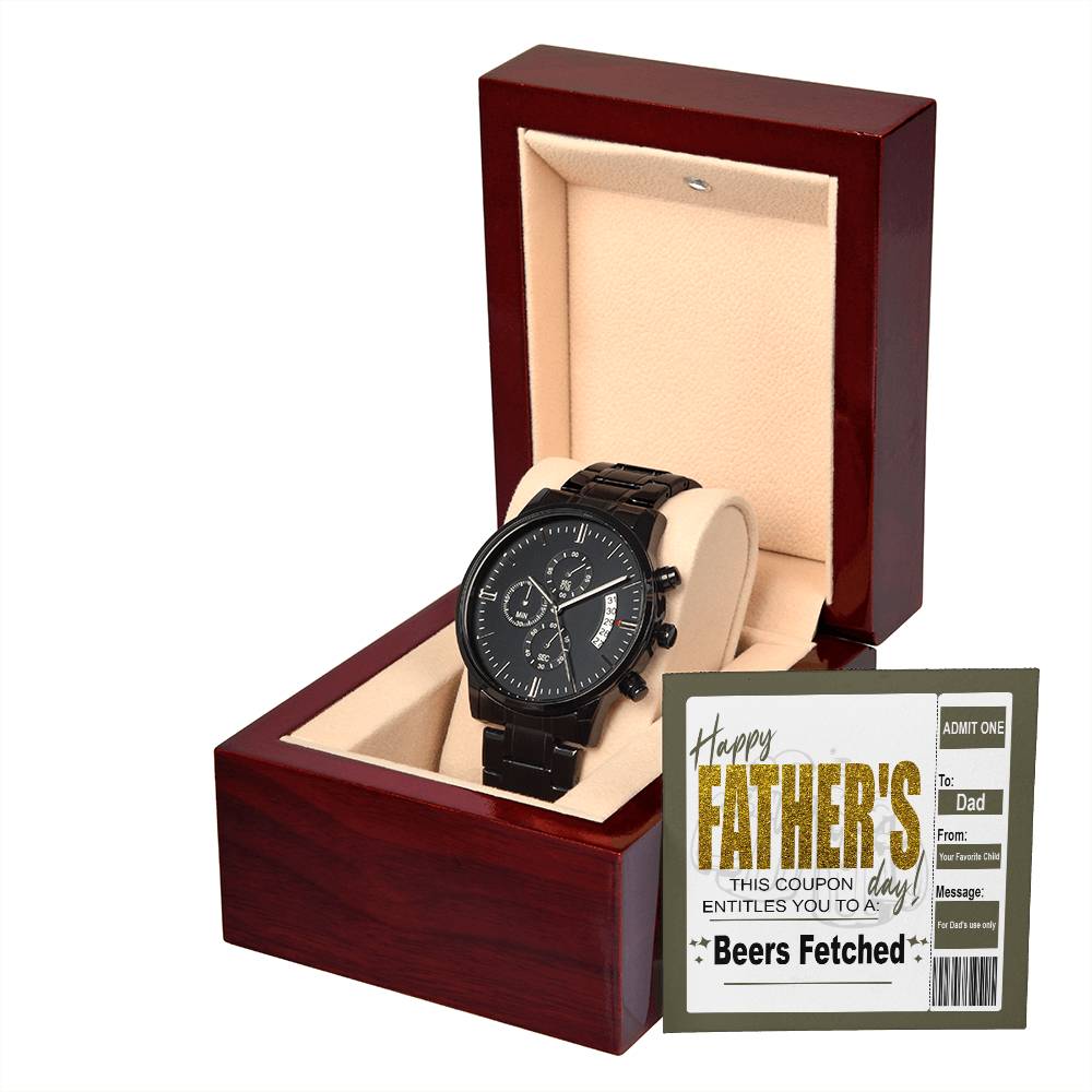 Fathers Day Gift For Dad - Mens Black Wrist Watch with Mahogany Box and Message Card -Beers Fetched