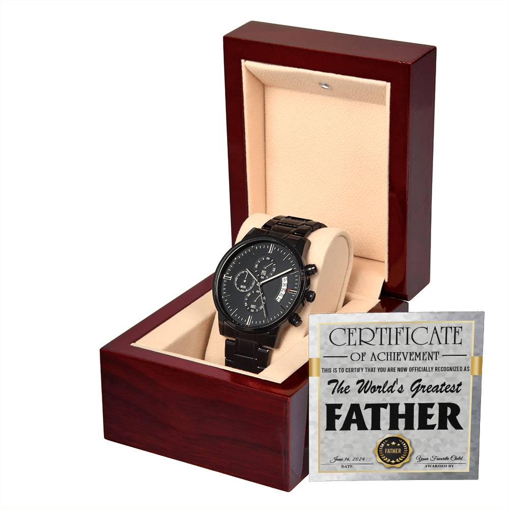 Gift For Dad - Mens Black Wrist Watch with Mahogany Box and Message Card - Worlds Greatest Father Certificate