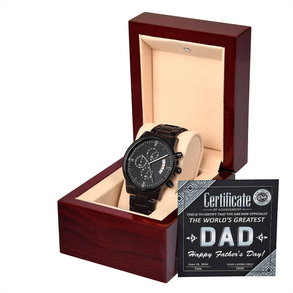 Dad Watch Gift - Certificate of Achievement - Black Chronograph Watch with Mahogany Box