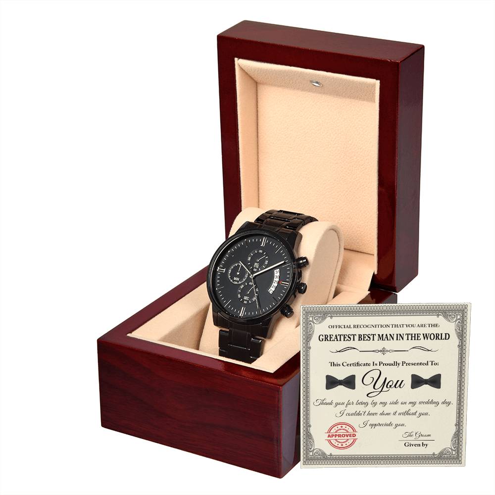 Best Man Gift - Mens Black Wrist Watch with Mahogany Box and Message Card - Official Recognition