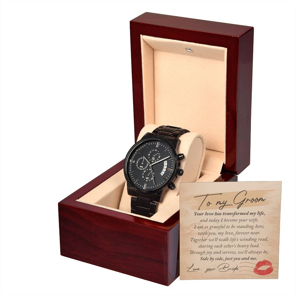 To My Groom Gift - Mens Black Wrist Watch with Mahogany Box and Message Card - You and Me