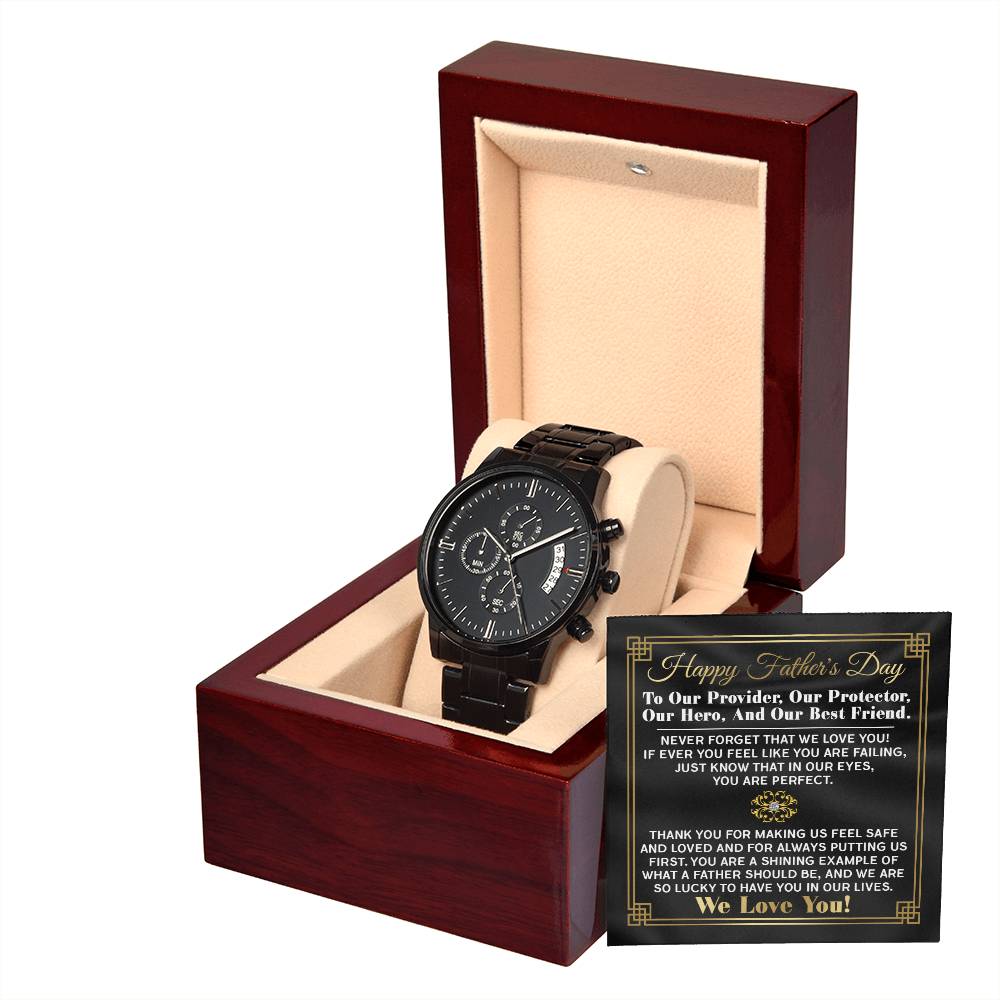 Fathers Day Gift - Mens Black Wrist Watch with Mahogany Box and Message Card - On Protector