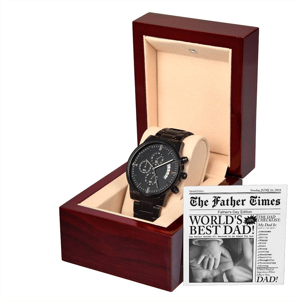 Father's Day Gift For Dad- Mens Black Wrist Watch with Mahogany Box and Message Card - The Father Times