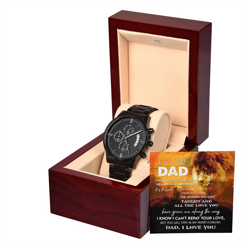 Gift For Dad - Mens Black Wrist Watch with Mahogany Box and Message Card - Repay Your Love