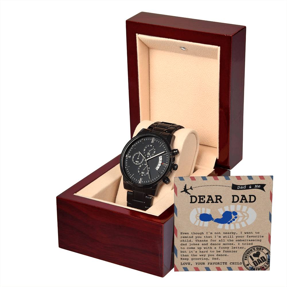 Gifts For Dad - Mens Black Wrist Watch with Mahogany Box and Message Card - Your Favorite Child