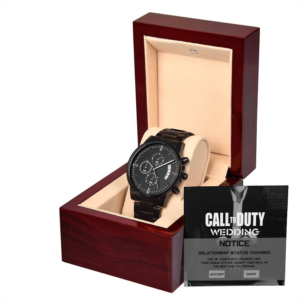 Best Man Gift - Mens Black Wrist Watch with Mahogany Box and Message Card - Call To Duty