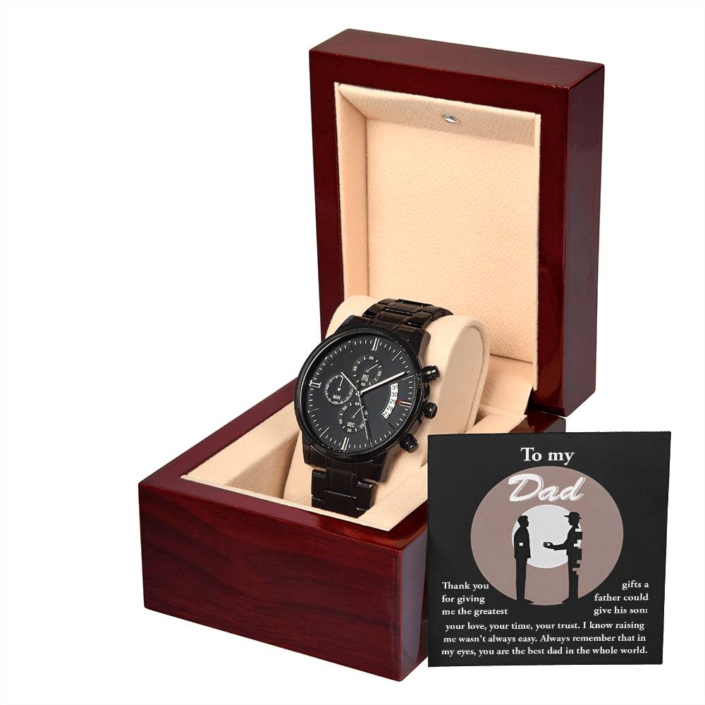 Gift For Dad - Mens Black Wrist Watch with Mahogany Box and Message Card - The Greatest Gifts