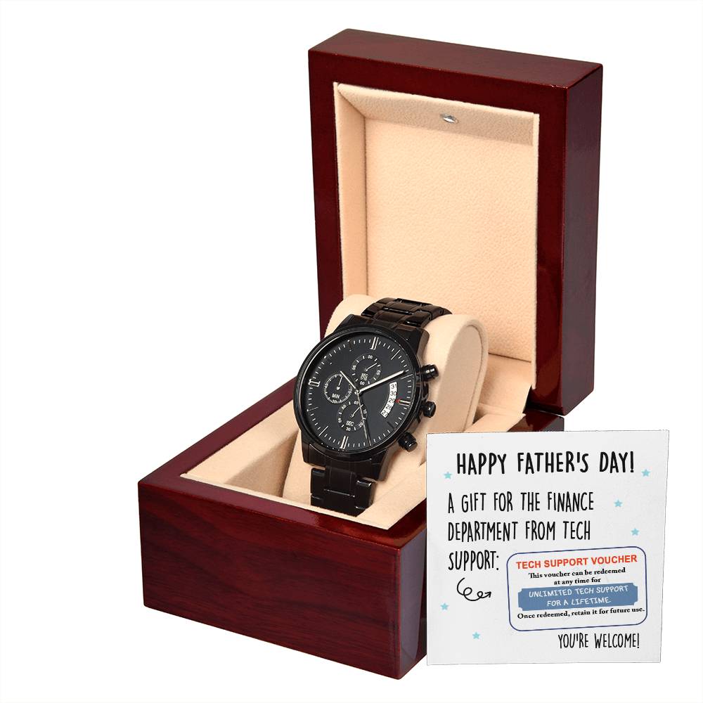 Fathers Day Gift For Dad - Mens Black Wrist Watch with Mahogany Box and Message Card - Tech Support Voucher