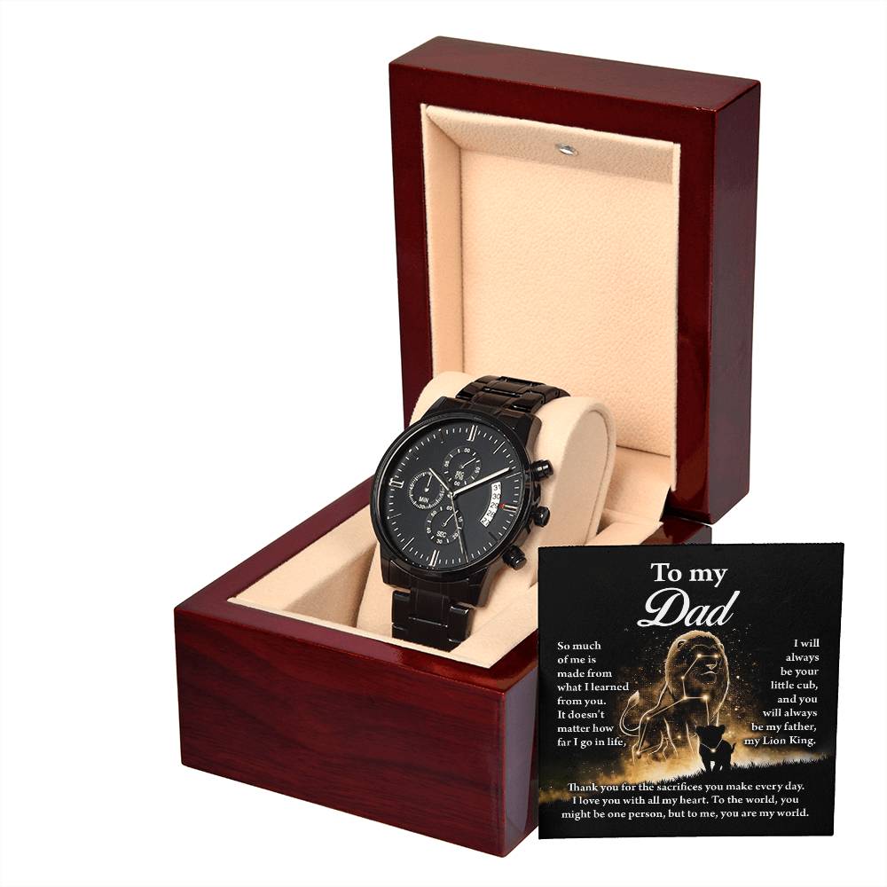 Gift For Dad - Mens Black Wrist Watch with Mahogany Box and Message Card - This Little Lion