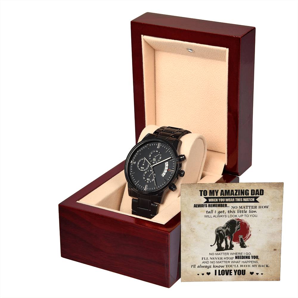 Gift For Dad - Mens Black Wrist Watch with Mahogany Box and Message Card - This Little Lion