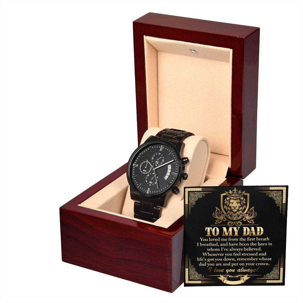 Gift For Dad - Mens Black Wrist Watch with Mahogany Box and Message Card - On Your Crown