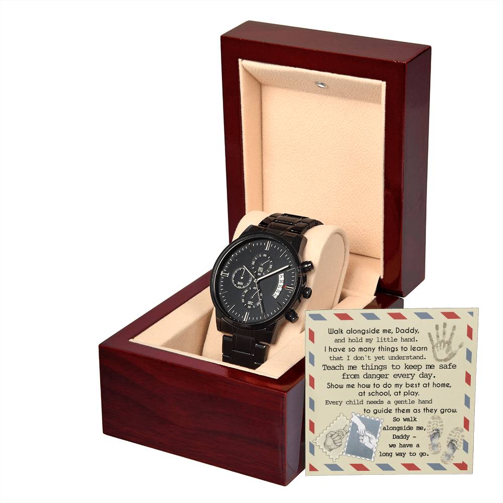 Gift For Dad - Mens Black Wrist Watch with Mahogany Box and Message Card - Walk Along Side Me