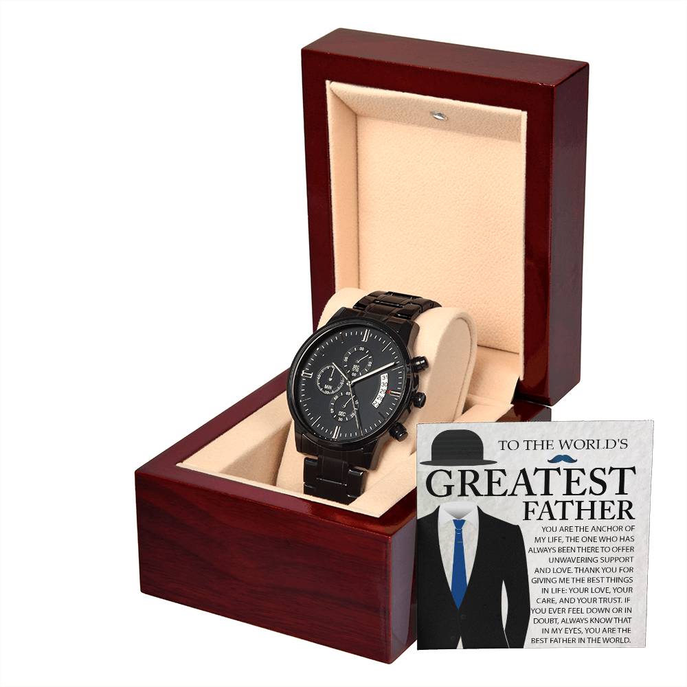 Gift For Dad- Mens Black Wrist Watch with Mahogany Box and Message Card - The Anchor