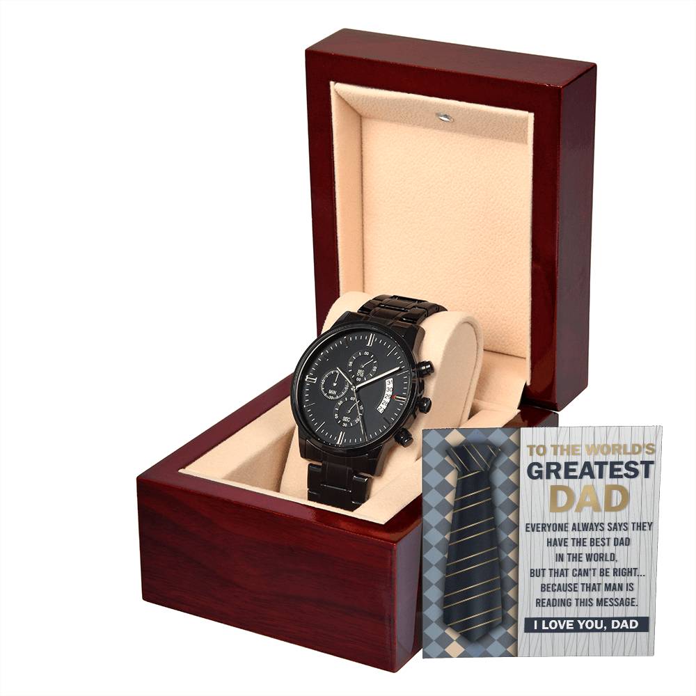 Gift For Dad - Mens Black Wrist Watch with Mahogany Box and Message Card - That Man