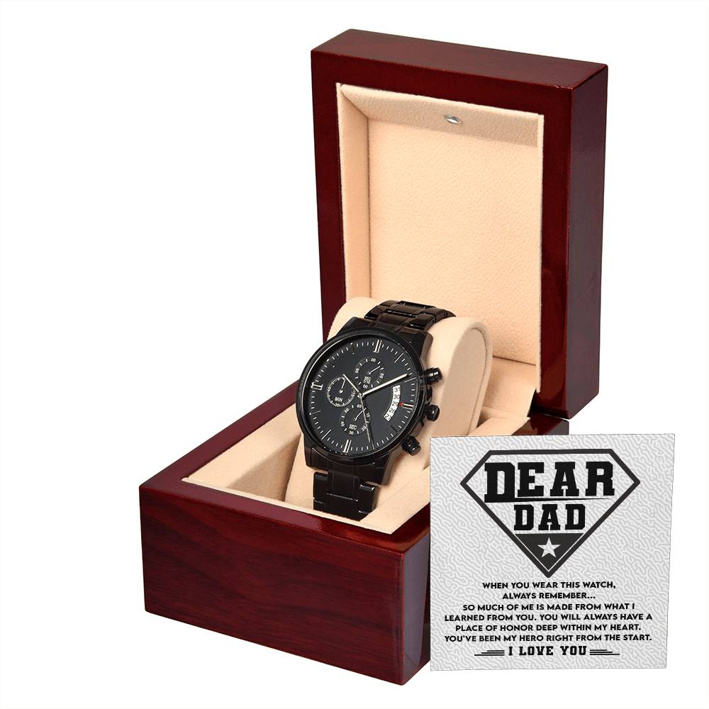 Dad Watch Gift - My Hero - Black Chronograph Watch with Mahogany Box