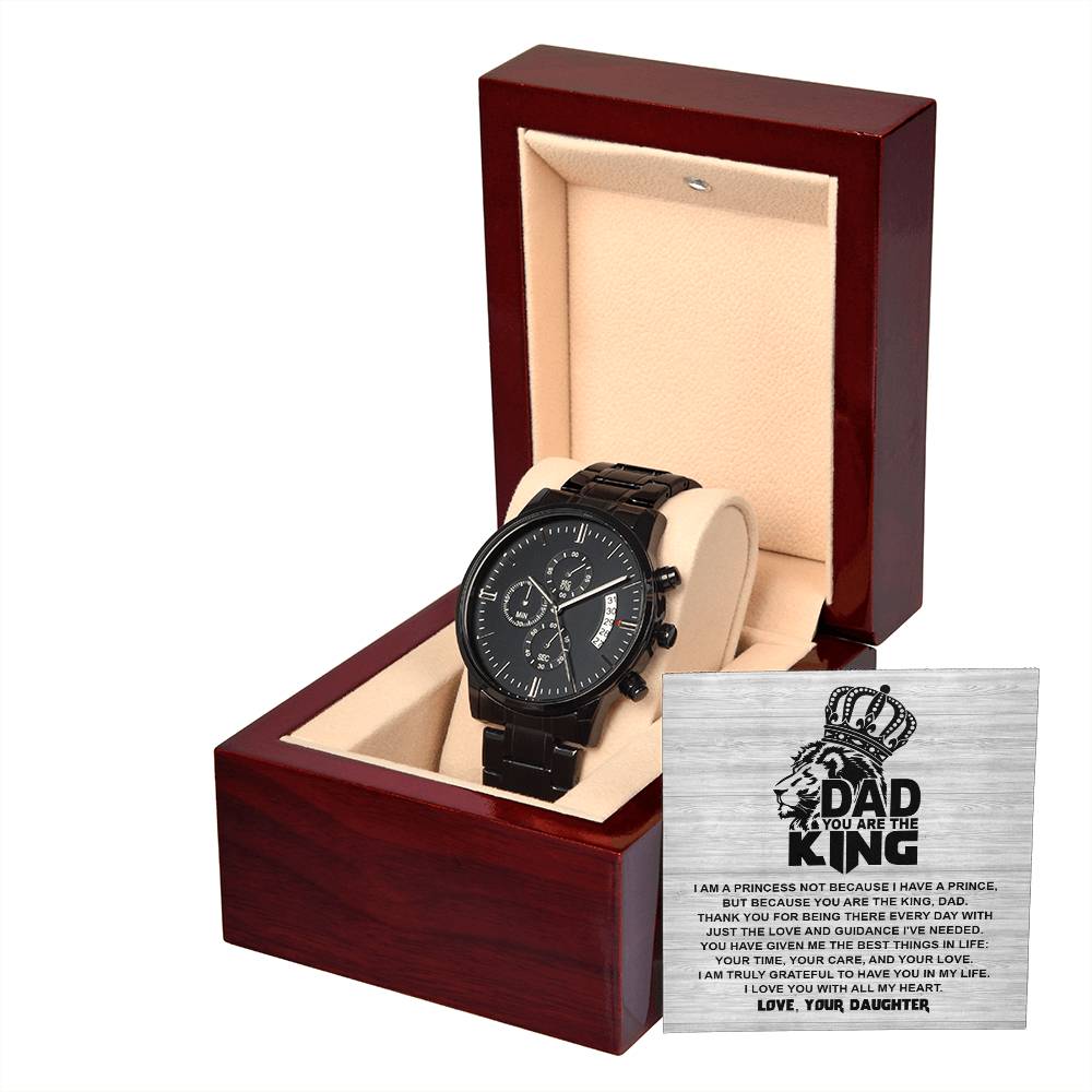 Gift For Dad - Mens Black Wrist Watch with Mahogany Box and Message Card - Not Because