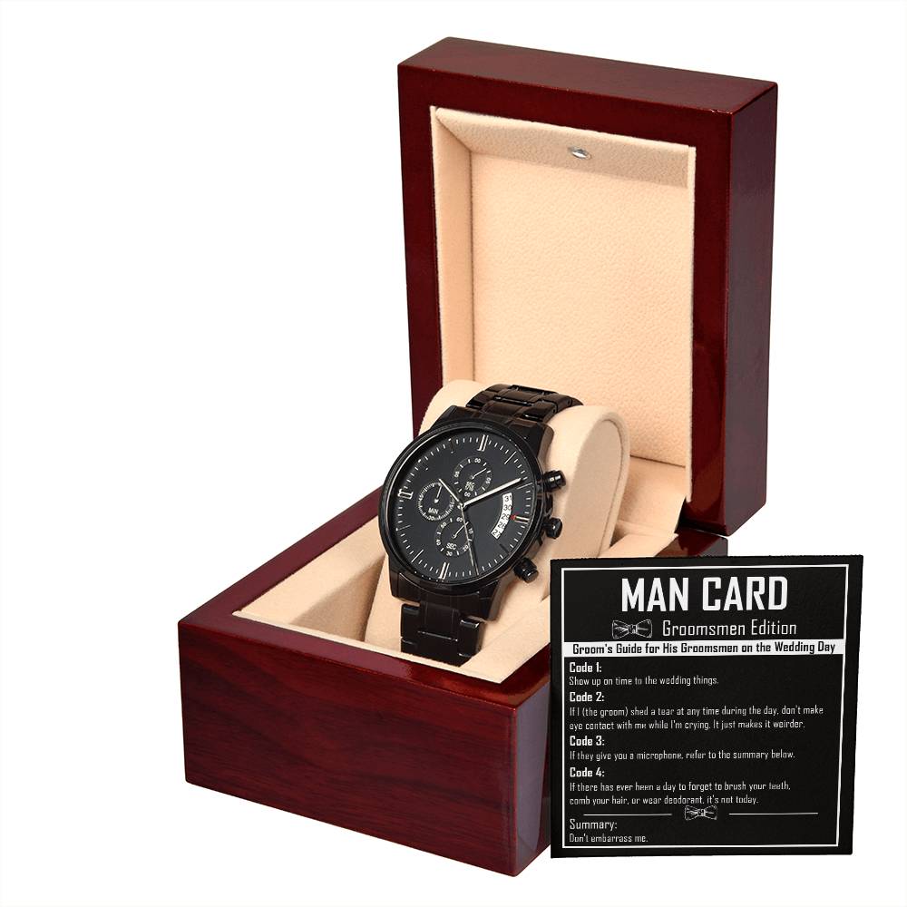 Groomsman Gift - Mens Black Wrist Watch with Mahogany Box and Message Card - Man Card