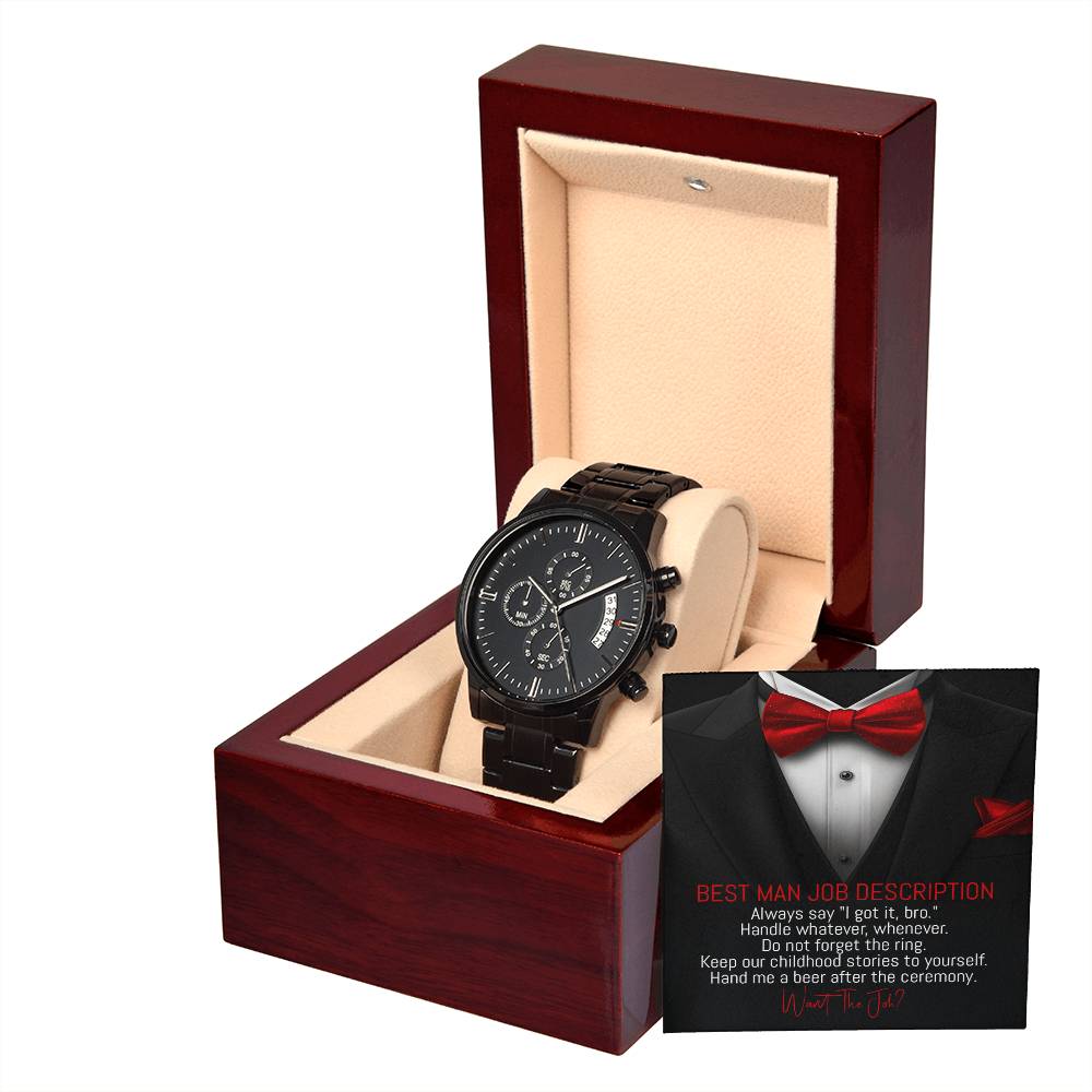 Best Man Gift - Mens Black Wrist Watch with Mahogany Box and Message Card - Want The Job