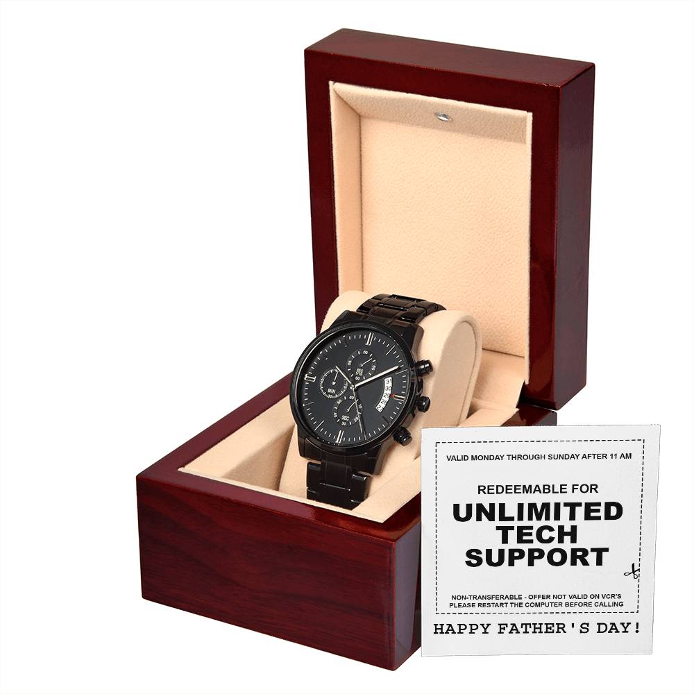 Fathers Day Gift For Dad - Mens Black Wrist Watch with Mahogany Box and Message Card - Unlimited Tech Support