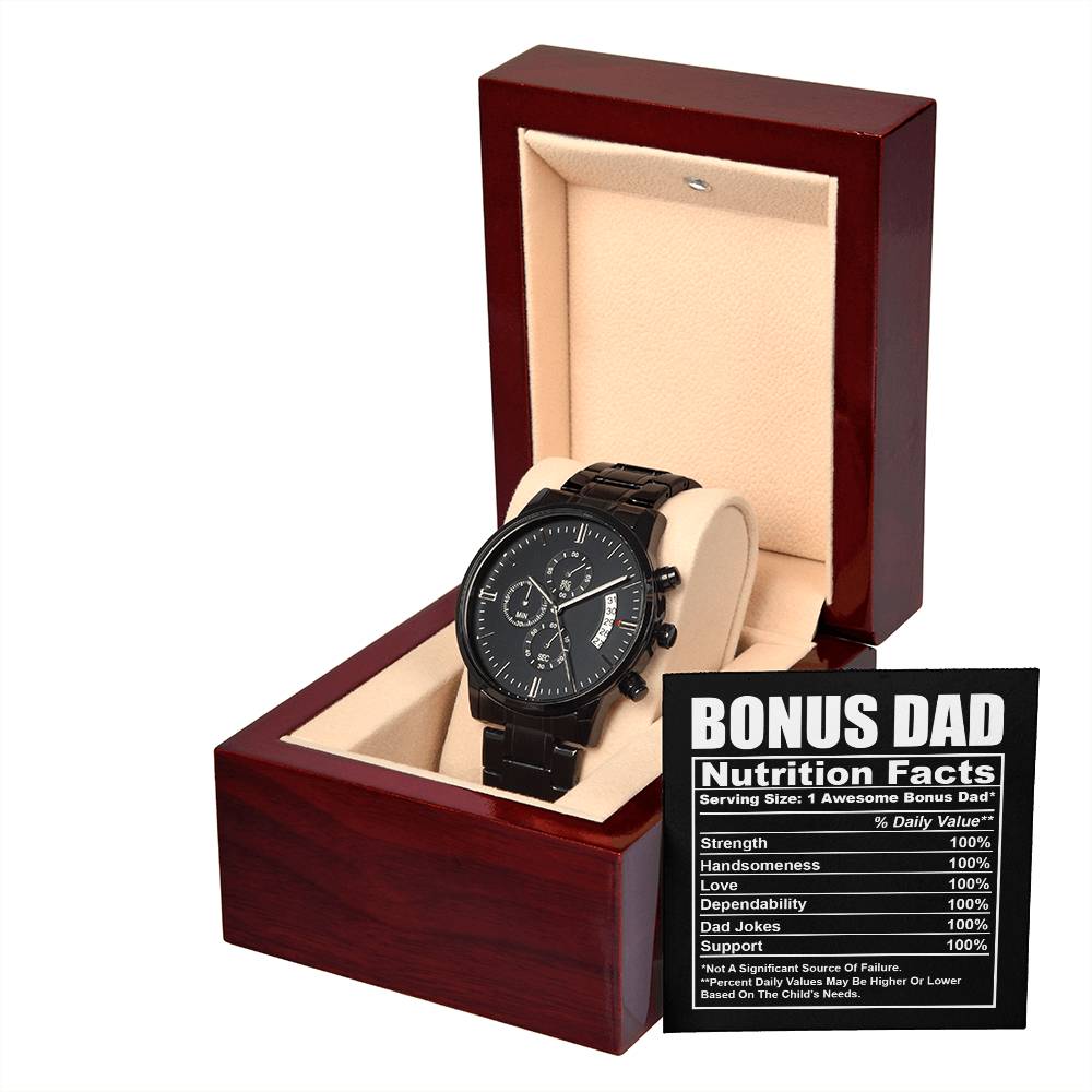 Bonus Dad Gift - Mens Black Wrist Watch with Mahogany Box and Message Card -Nutrition Facts