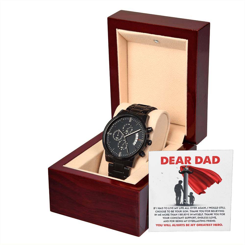 Gift For Dad - Mens Black Wrist Watch with Mahogany Box and Message Card - My Greatest Hero