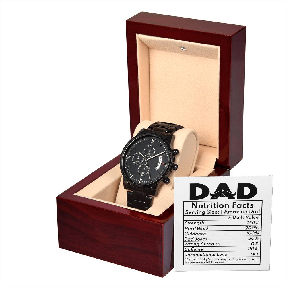 Gift For Dad - Mens Black Wrist Watch with Mahogany Box and Message Card - Nutrition Facts