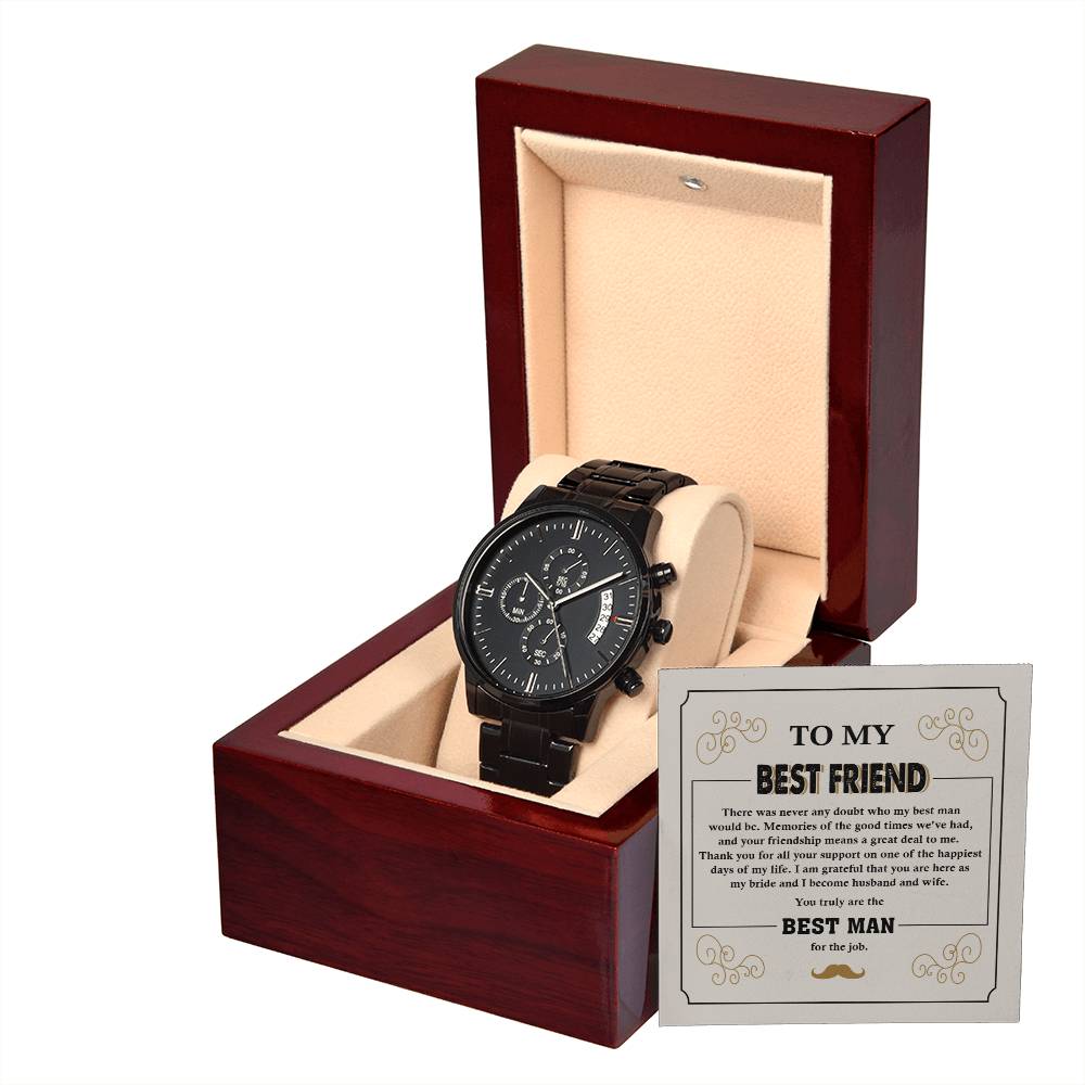 Best Man Gift - Mens Black Wrist Watch with Mahogany Box and Message Card - Thanks For All Your Support