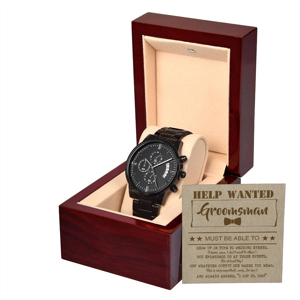 Groomsman Gift - Mens Black Wrist Watch with Mahogany Box and Message Card - Help Wanted