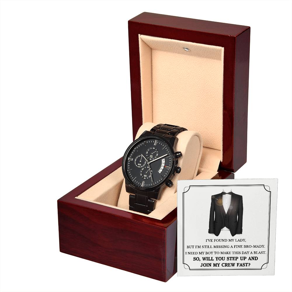 Groomsman Proposal Gift - Black Chronograph Watch with Message Card - Join My Crew