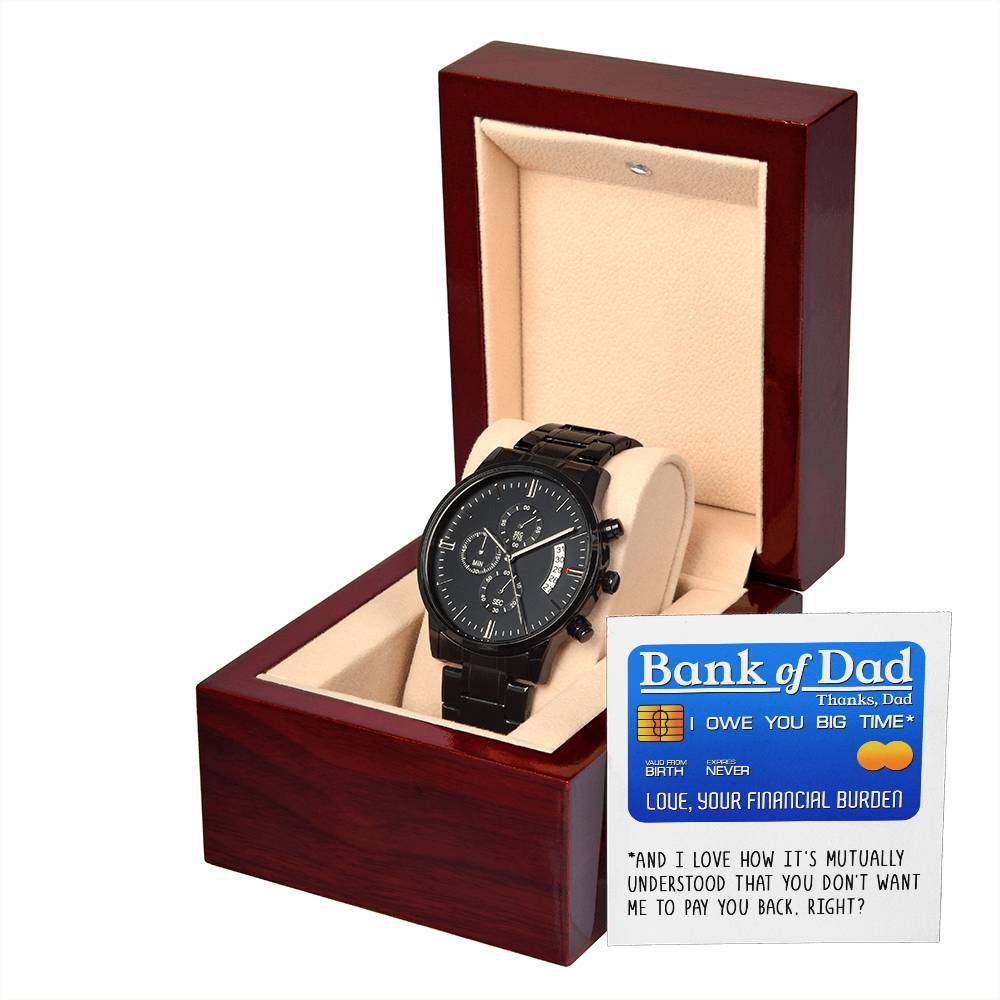 Gift For Dad - Mens Black Wrist Watch with Mahogany Box and Message Card -Bank of Dad