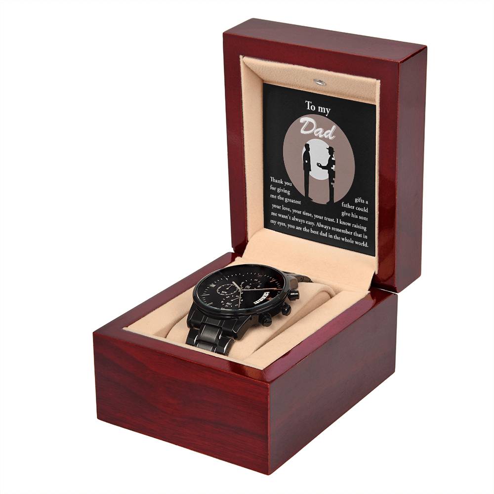 Gift For Dad - Mens Black Wrist Watch with Mahogany Box and Message Card - The Greatest Gifts