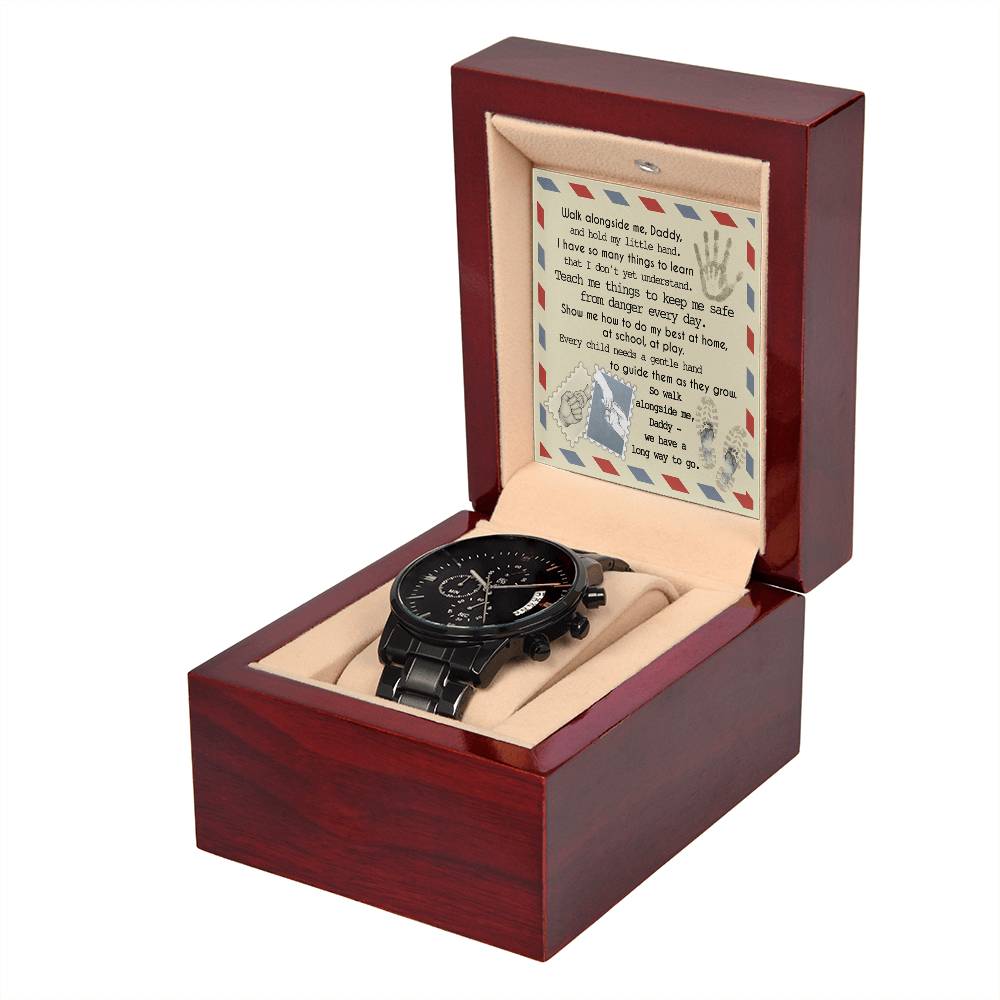 Gift For Dad - Mens Black Wrist Watch with Mahogany Box and Message Card - Walk Along Side Me