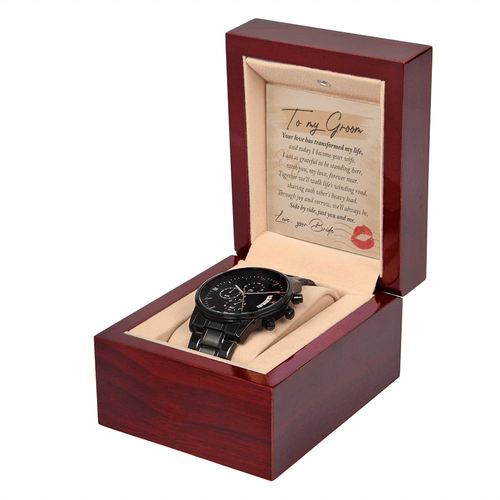 To My Groom Gift - Mens Black Wrist Watch with Mahogany Box and Message Card - You and Me