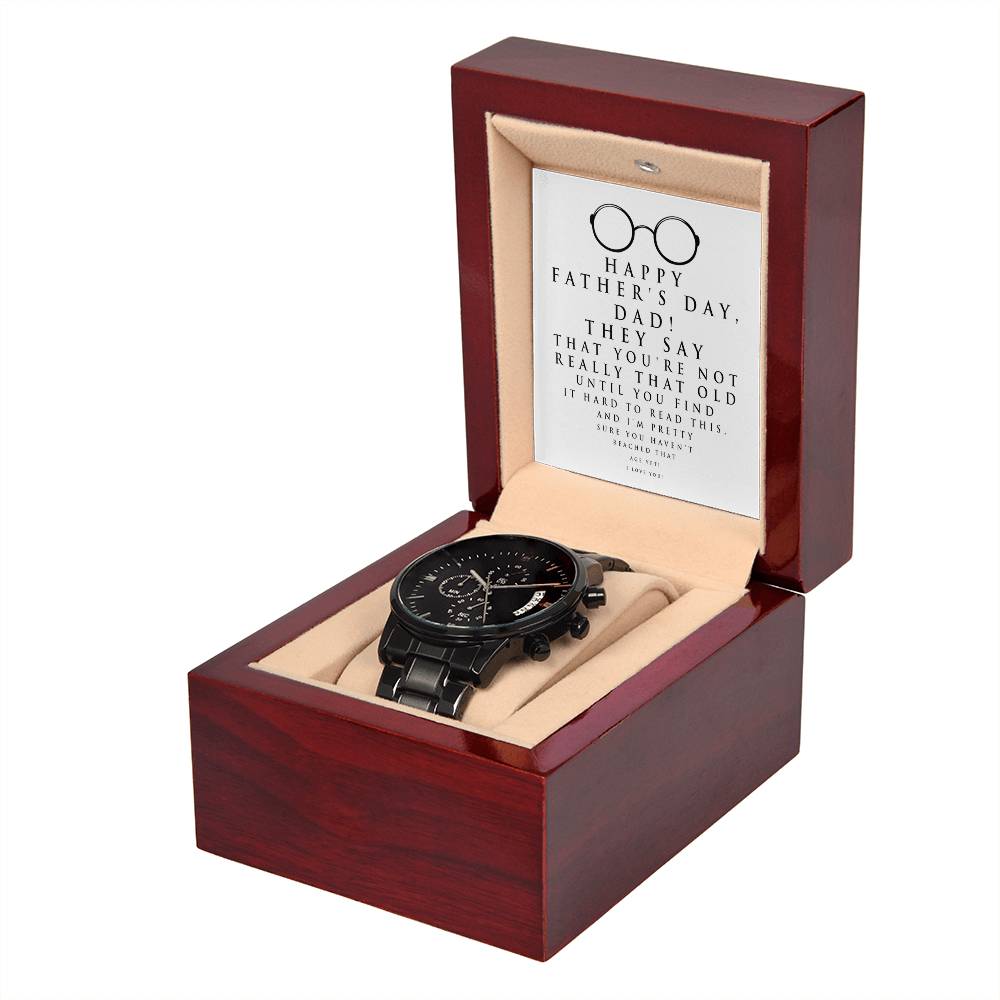 Fathers Day Gift For Dad - Mens Black Wrist Watch with Mahogany Box and Message Card - Hard To Read