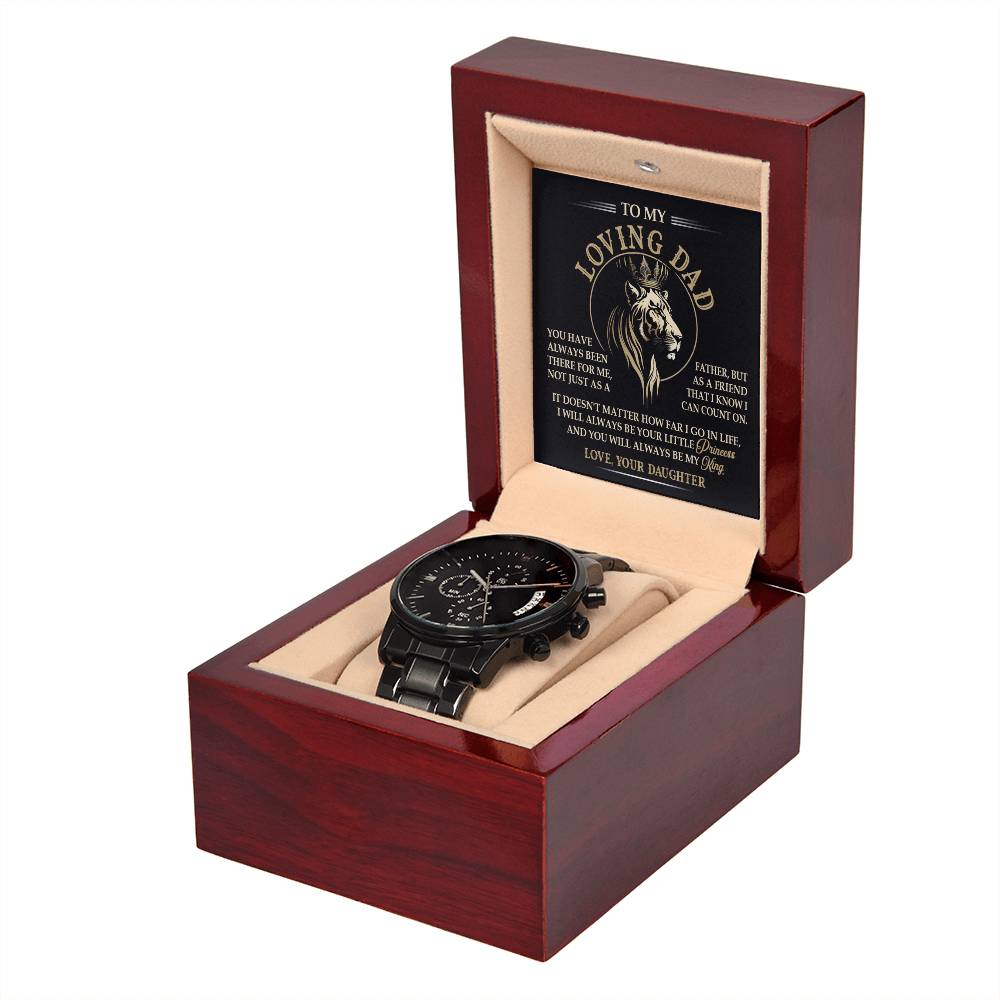 Dad Watch Gift - Always Be My King - Black Chronograph Watch with Mahogany Box