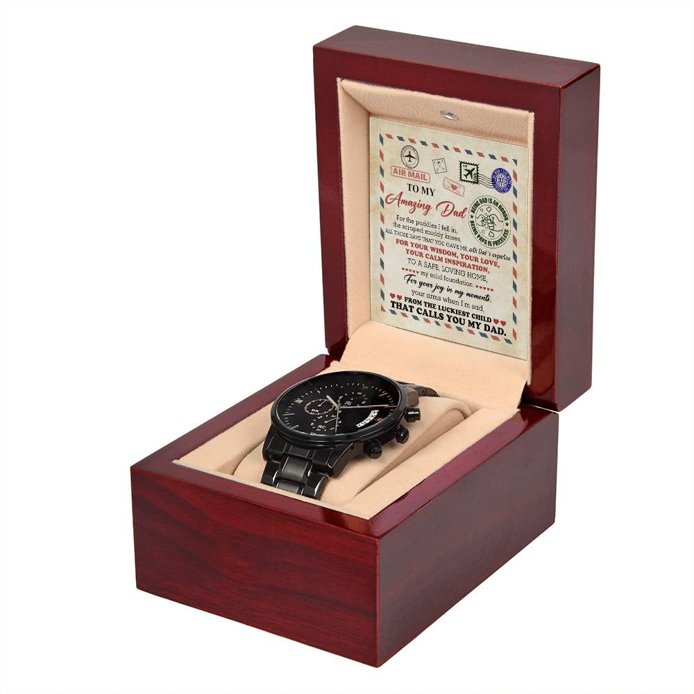 Gift For Dad - Mens Black Wrist Watch with Mahogany Box and Message Card - The Luckiest Child